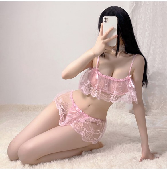 FEE ET MOI - Sheer Lace Bandeau Bikini Set (Pink)